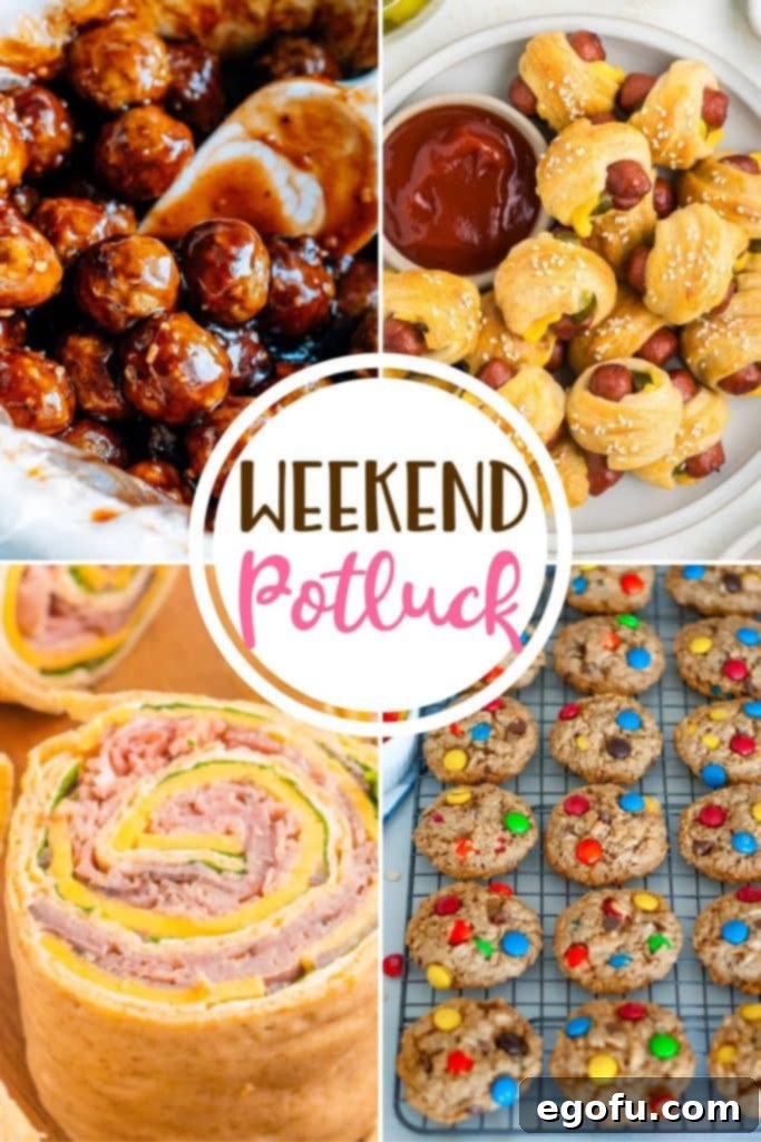 A collage of the top featured recipes from the Weekend Potluck, including Crock Pot Honey Garlic Meatballs, Cheeseburger Pigs in a Blanket, Soft and Chewy Monster Cookies, and High Rollers.