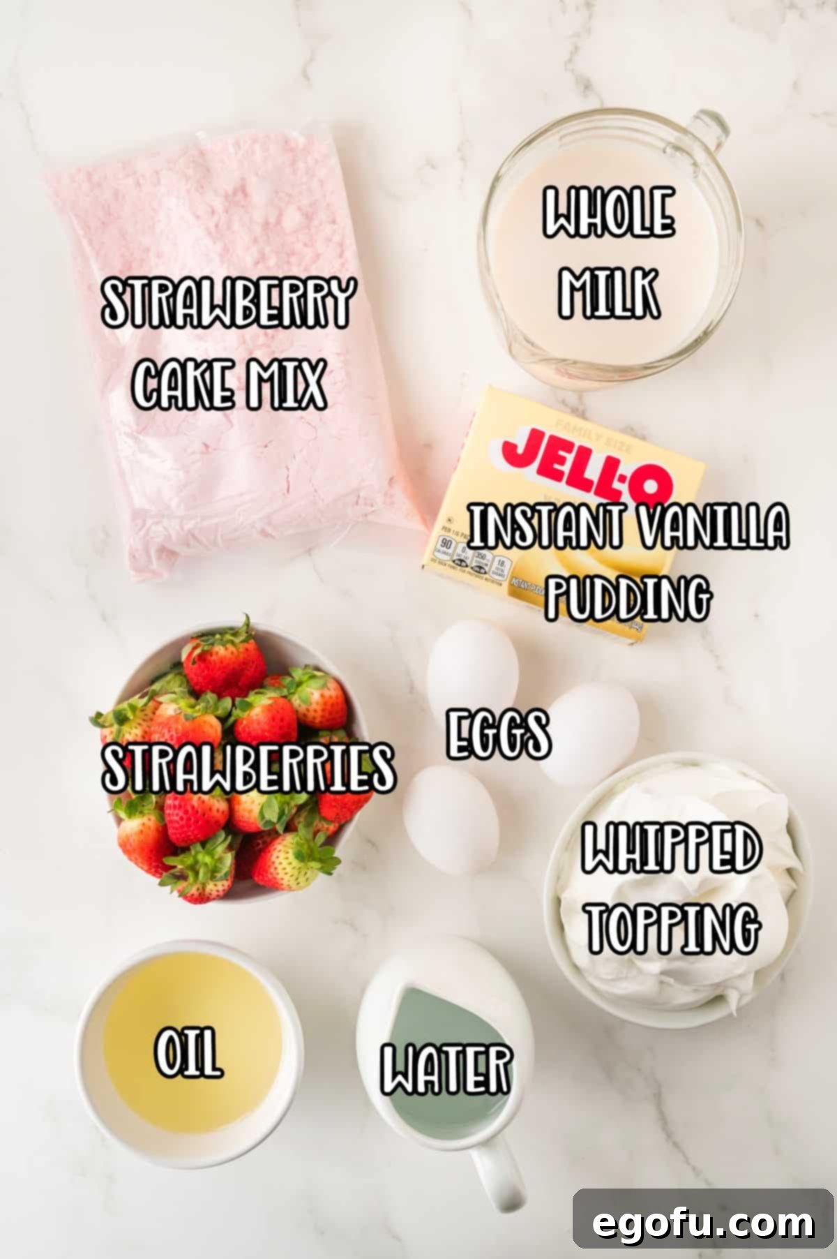 Velvety Strawberry Poke Cake Bliss 4 Strawberry cake mix, strawberries, whole milk, oil, eggs, Instant vanilla pudding mix, and water, laid out as ingredients.