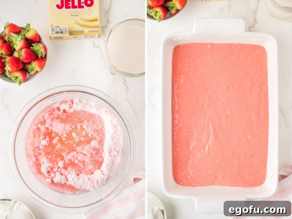 Velvety Strawberry Poke Cake Bliss 5 A bowl of cake batter being mixed together and a baking dish with Strawberry Cake batter.