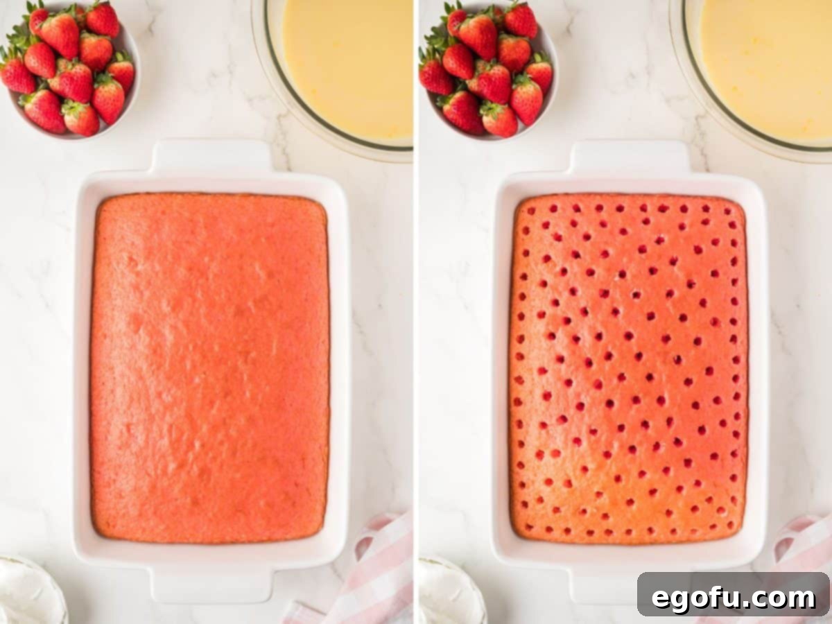 Velvety Strawberry Poke Cake Bliss 6 Baked strawberry cake in a pan and a cake with holes poked into it.