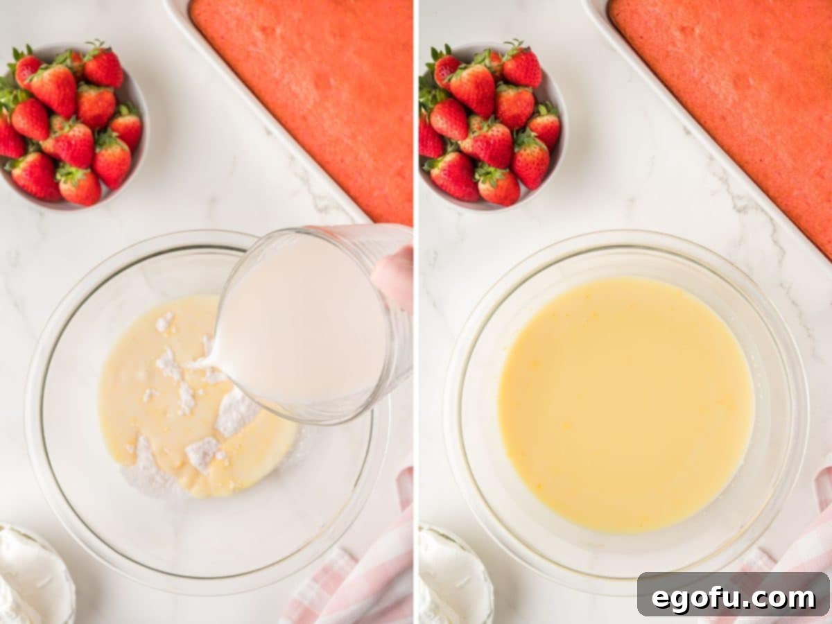 Velvety Strawberry Poke Cake Bliss 7 Milk being added to pudding mix and vanilla pudding in a bowl, ready to be poured.