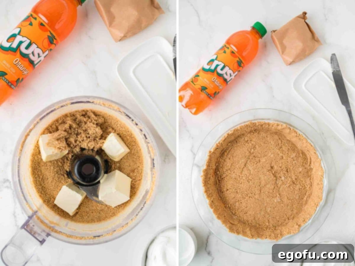 Zesty Orange Cream Pie 5 A food processor with butter tabs and graham cracker crumbs, and a homemade graham cracker crumb crust pressed into a pie dish.