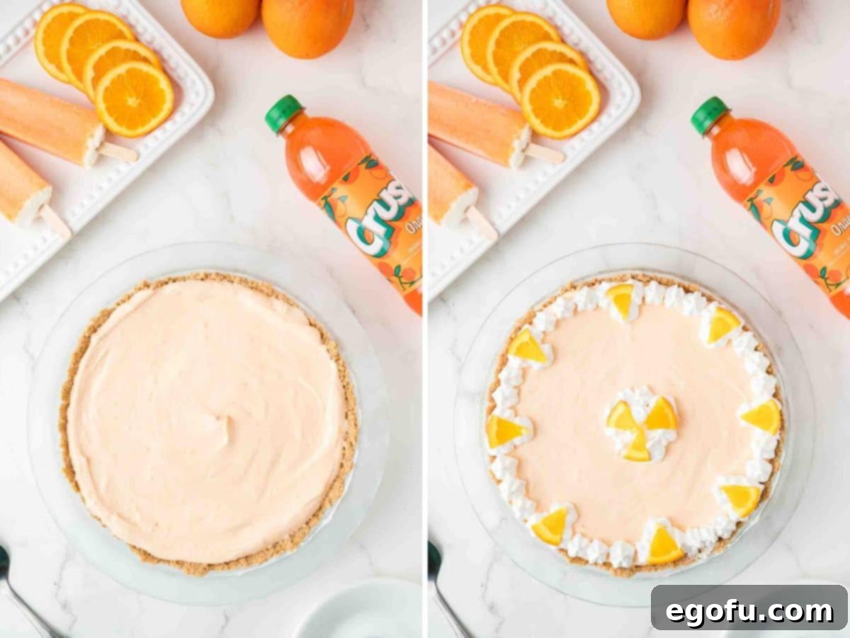 Zesty Orange Cream Pie 8 A beautifully set Orange Creamsicle Pie, ready to be garnished and served, showing its smooth, vibrant surface.