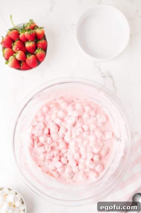 A bowl of Strawberry Fluff to be chilled.