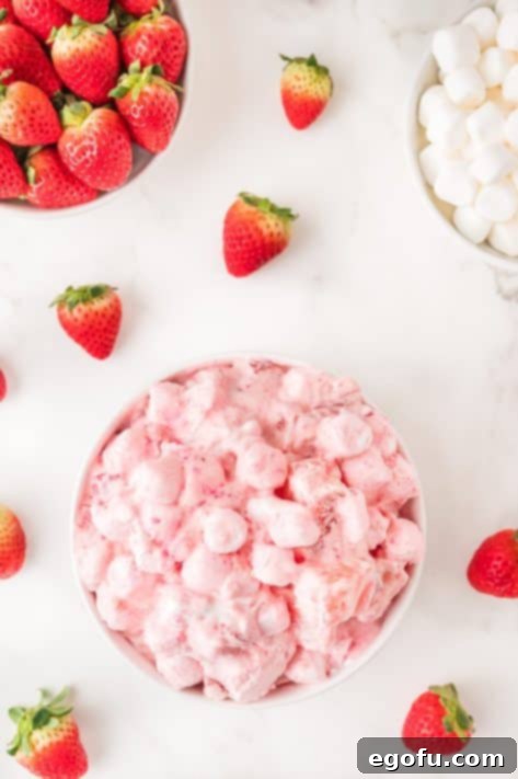 A bowl of Strawberry Fluff to be garnished.