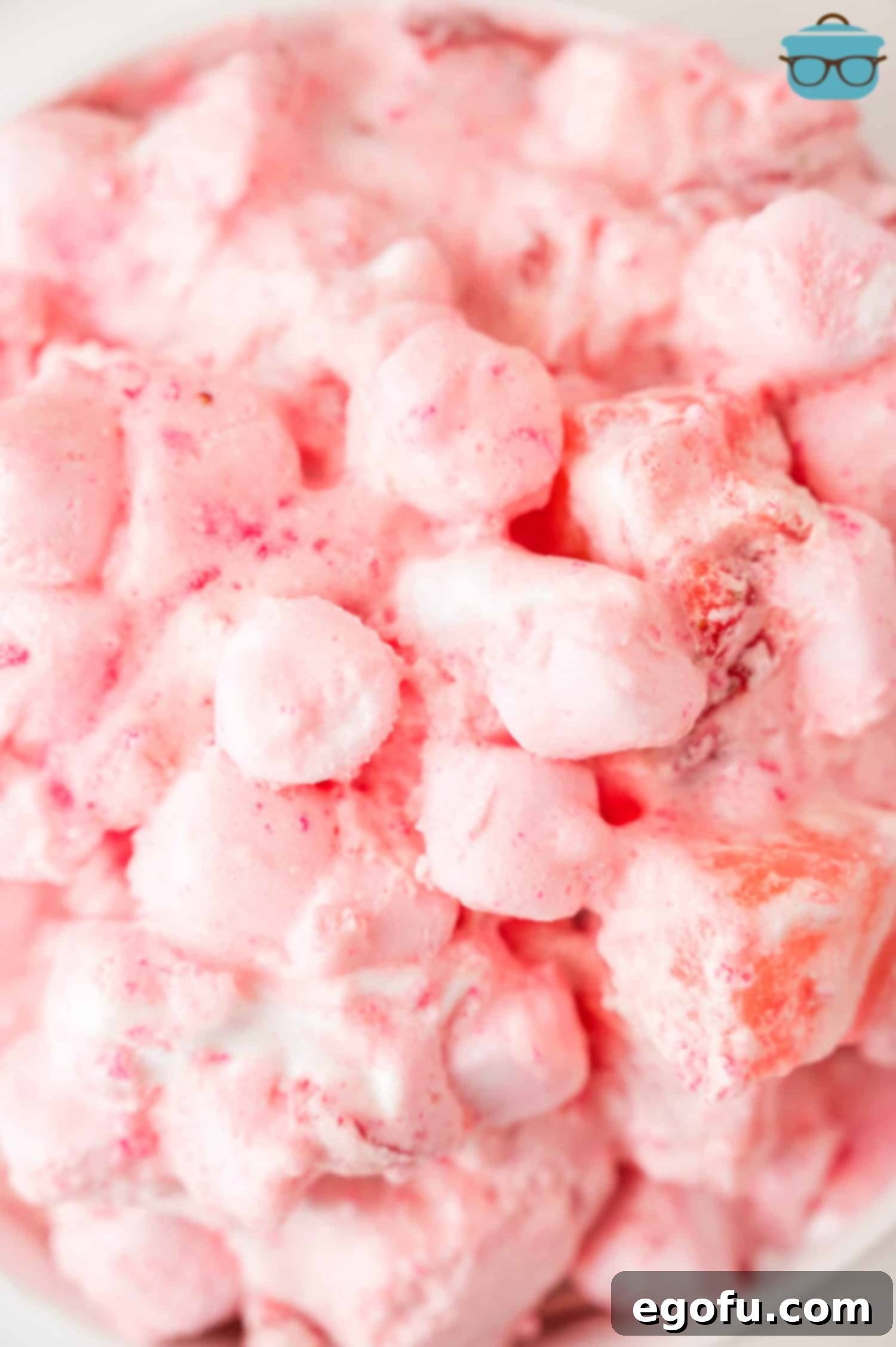 Looking down closely on a bowl of Strawberry Fluff.