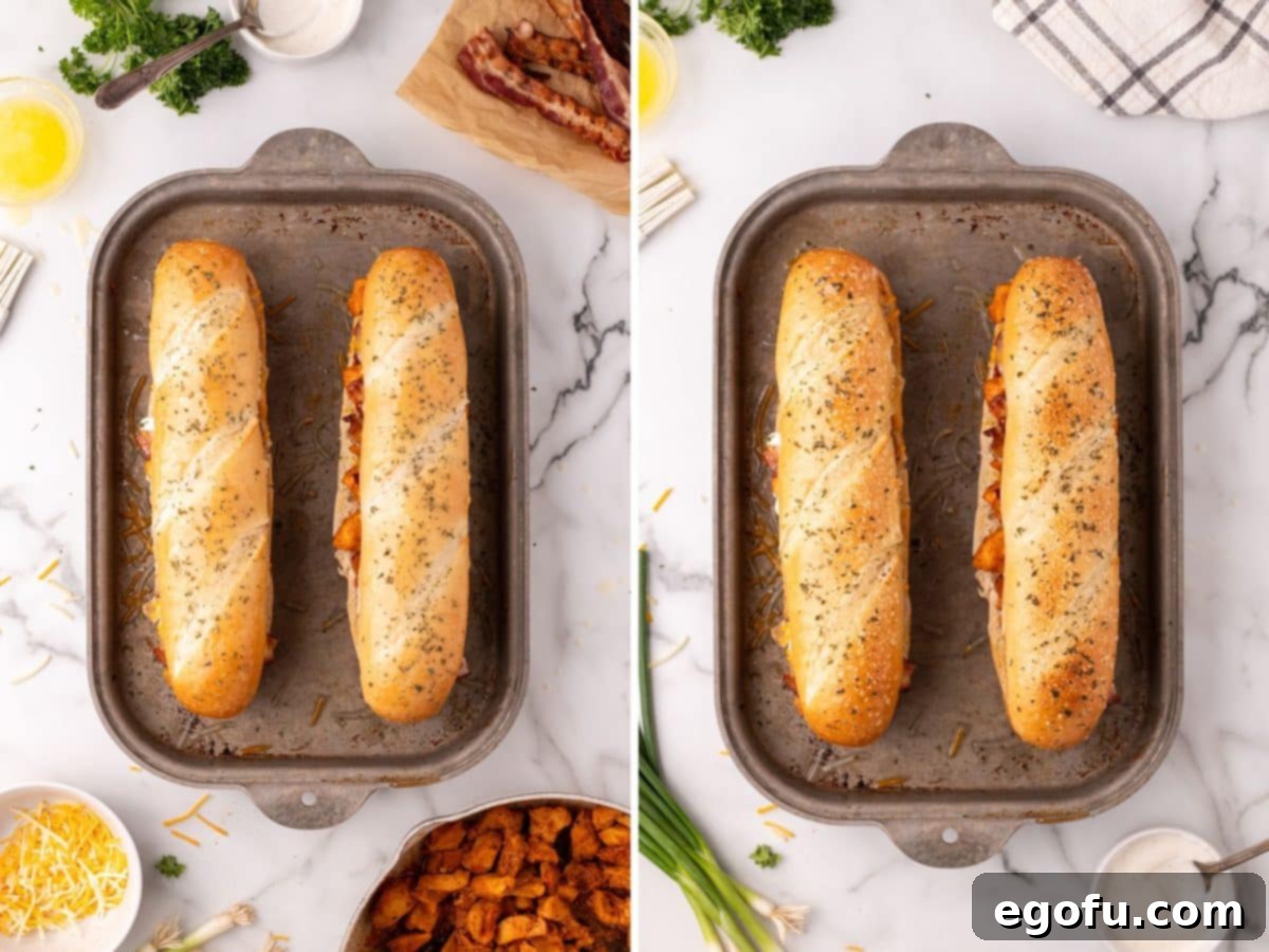 Loaded Chicken Bacon Ranch Baked Subs 11 Baked subs with melted butter on top and seaosnings.