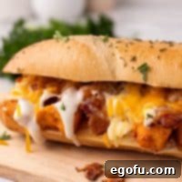 Loaded Chicken Bacon Ranch Baked Subs 13 Closely looking at a Chicken Bacon Ranch Baked Sub.