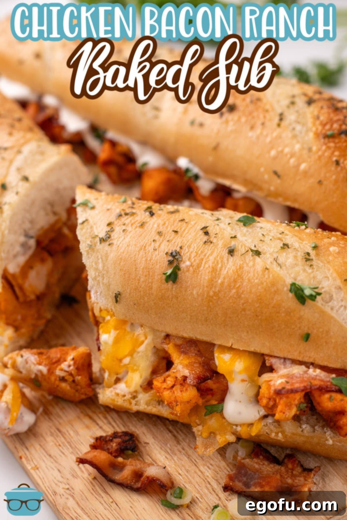 Loaded Chicken Bacon Ranch Baked Subs 3 A whole and a broken Chicken Bacon Ranch Baked Sub.