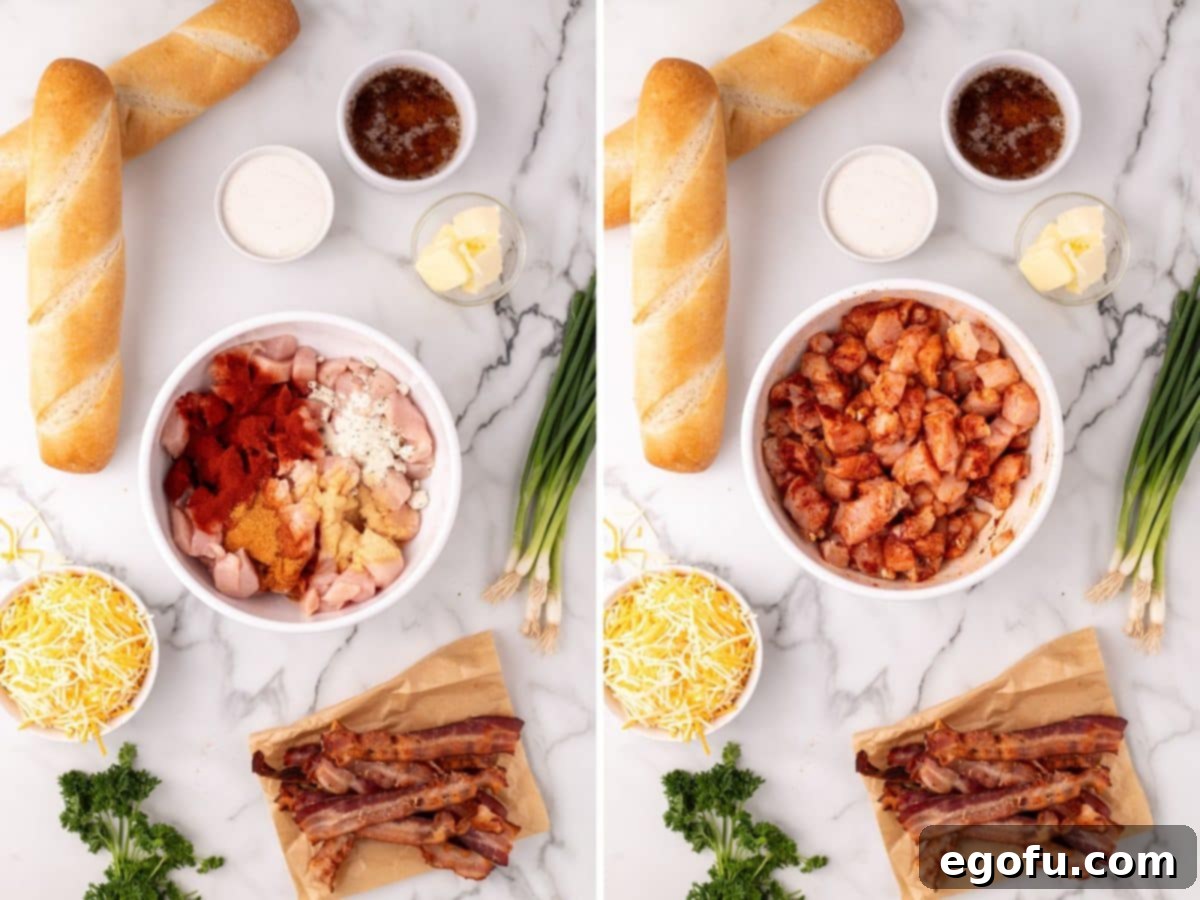 Loaded Chicken Bacon Ranch Baked Subs 5 A bowl with cubed chicken breast, Cajun seasoning, ranch seasoning, garlic powder, smoked paprika, salt, and black pepper.