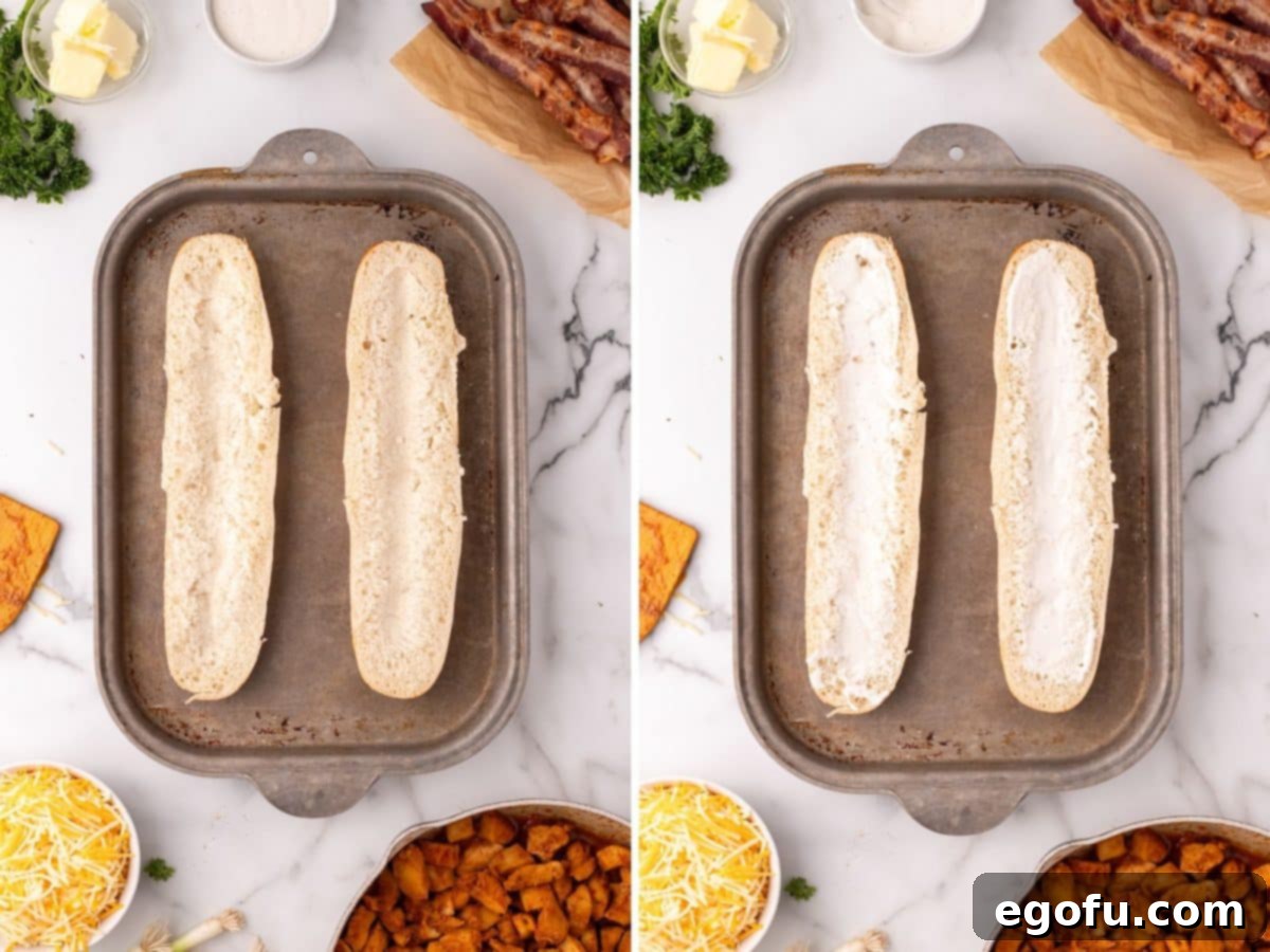 Loaded Chicken Bacon Ranch Baked Subs 7 Sliced French bread with melted butter with garlic powder and dried parsley.