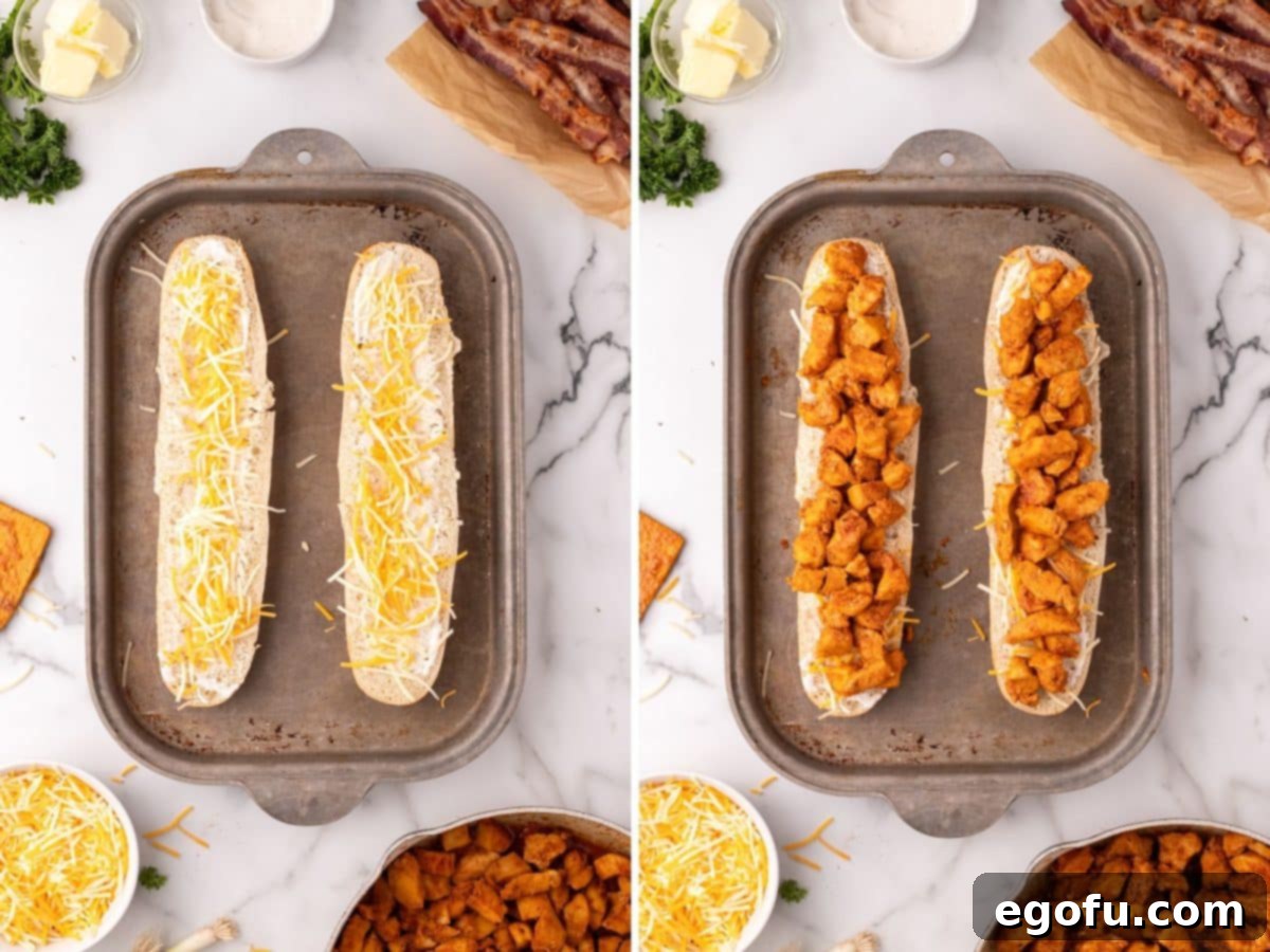 Loaded Chicken Bacon Ranch Baked Subs 8 Shredded cheese and chicken mixture on a load of French bread.