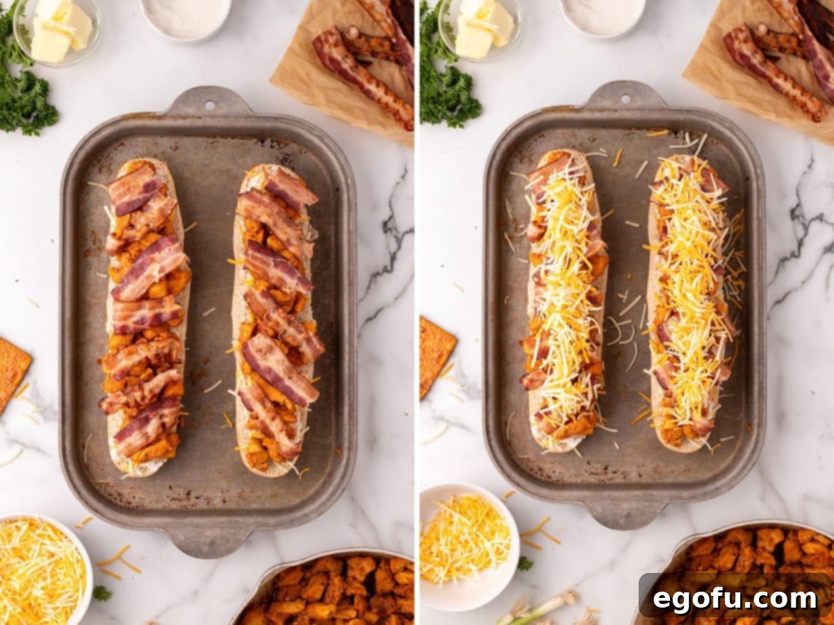 Loaded Chicken Bacon Ranch Baked Subs 9 Bacon and shredded cheese on top of chicken and ranch mixture on a loaf of French bread.