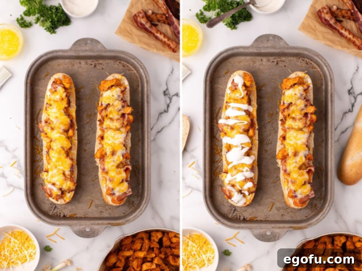 Loaded Chicken Bacon Ranch Baked Subs 10 Baked subs with ranch dressing drizzled on top.