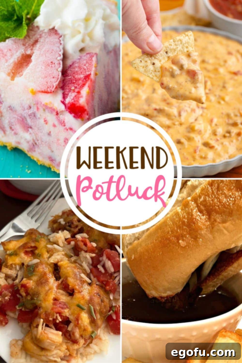 A vibrant collage of delicious potluck recipes: a creamy slice of Strawberry Icebox Pie, a bubbling Mexican Chicken Rice Casserole, a cheesy Crockpot Rotel Sausage Dip, and a hearty Slow Cooker French Dip Sandwich with au jus, perfect for family meals and gatherings.