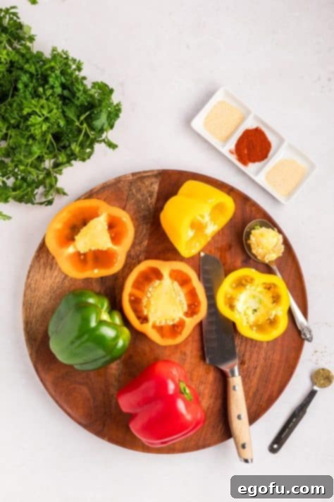 Savory Chicken Stuffed Bell Peppers 11 Cut tops and seeds out of the bell peppers on a cutting board.