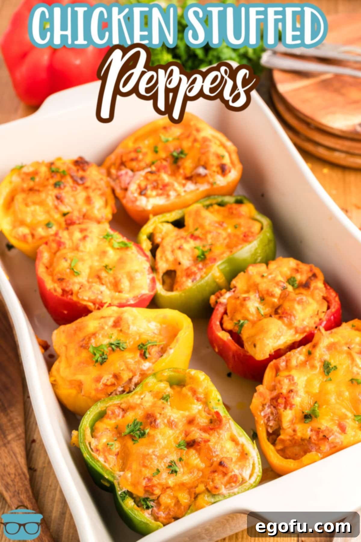 Savory Chicken Stuffed Bell Peppers 4 A baking dish with Chicken Stuffed Peppers.