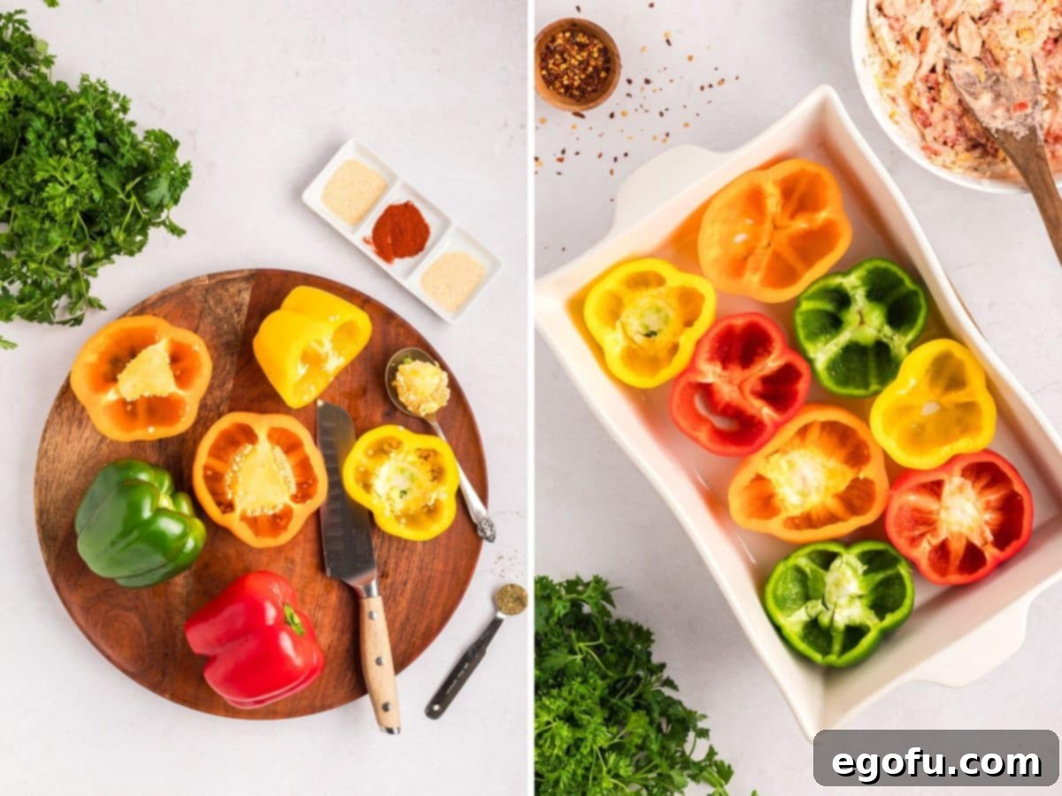 Savory Chicken Stuffed Bell Peppers 6 Peppers cut on a cutting board and then sitting in a baking dish.