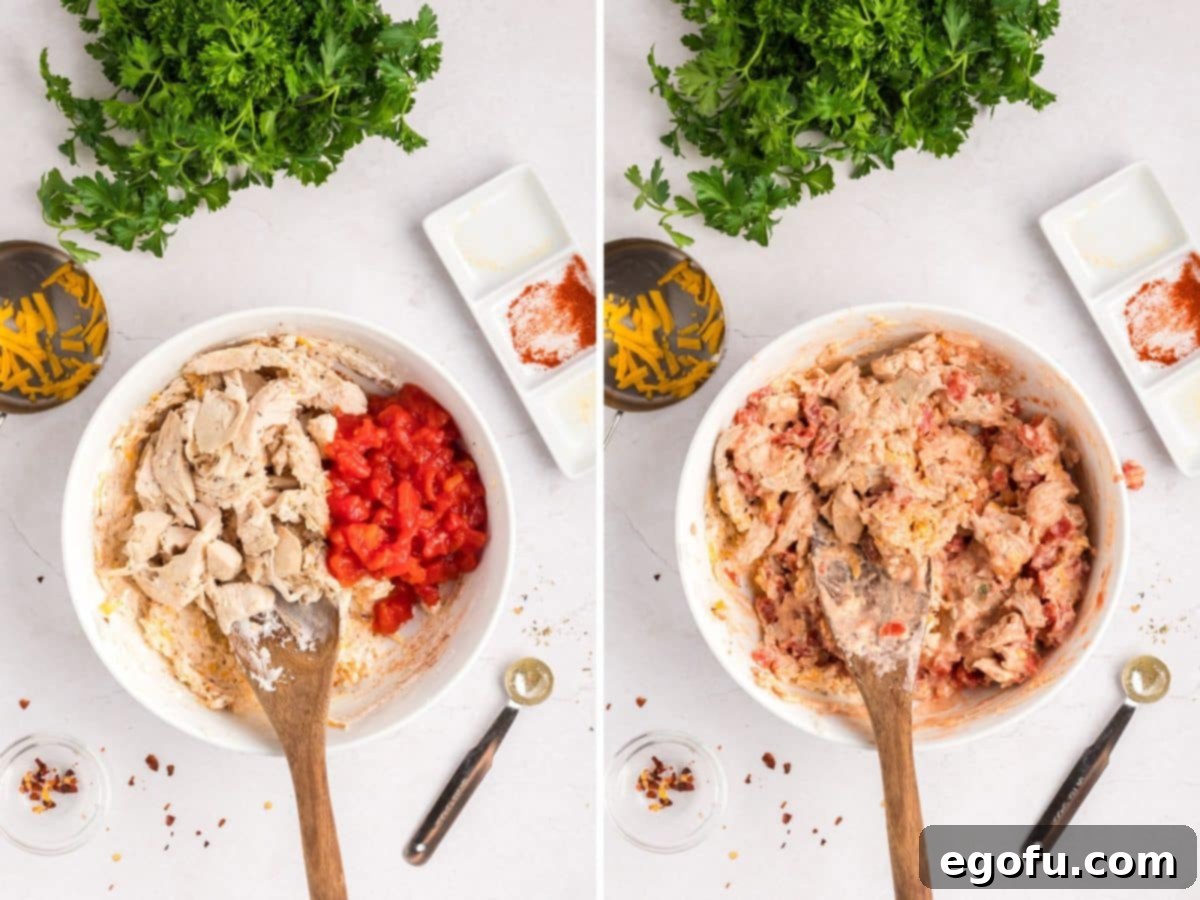 Savory Chicken Stuffed Bell Peppers 8 Chicken and tomatoes being added to the mixture in a bowl.