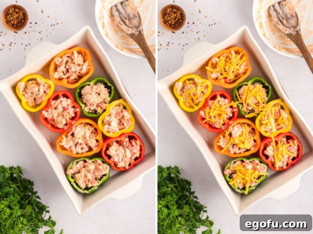 Savory Chicken Stuffed Bell Peppers 9 Chicken mixture inside of bell peppers and shredded cheese on top of peppers.