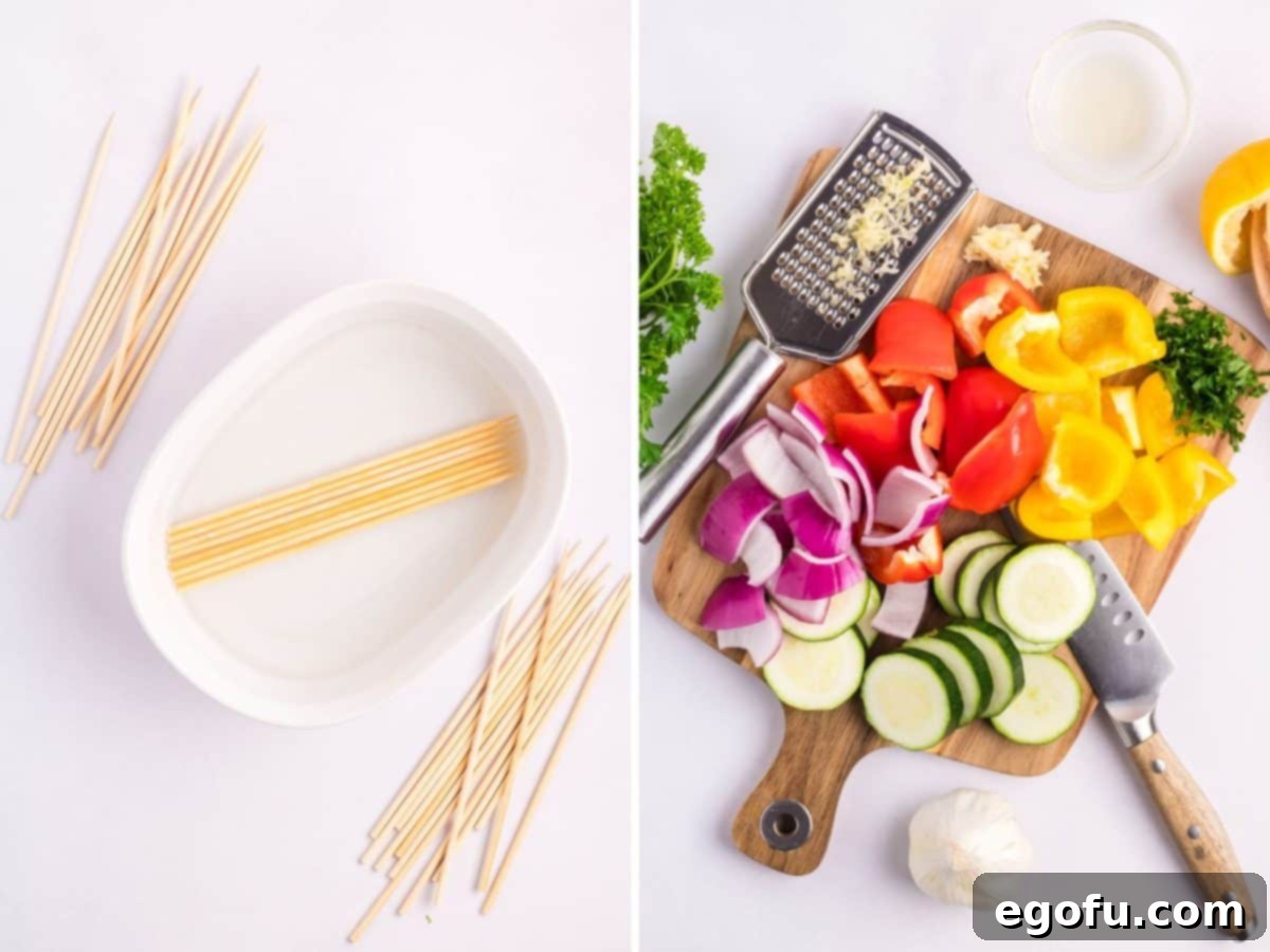Wooden skewers soaking in water to prevent burning, alongside freshly prepped vegetables on a cutting board, ready for assembly.