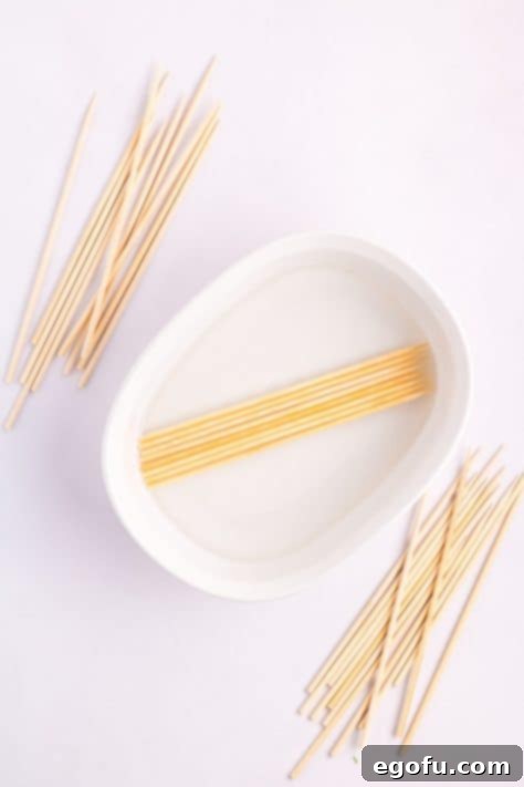 Skewers soaking in water.