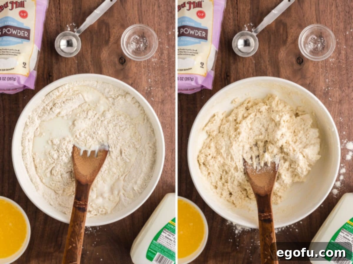 Buttermilk being added to the dough to moisten it.