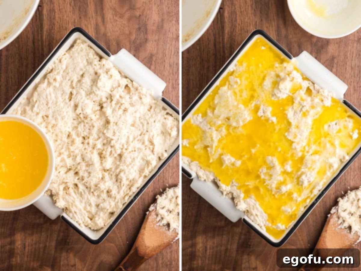 Melted butter poured over biscuit dough and sausage gravy.