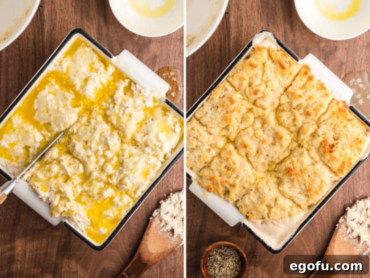 A knife cutting unbaked biscuit dough and freshly baked butter swim biscuits in a dish with gravy.