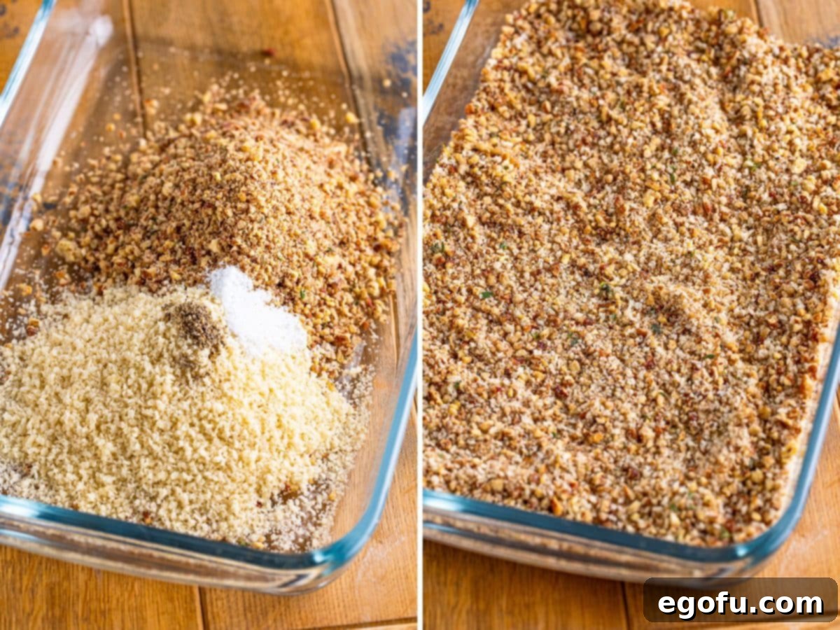A baking dish with the thyme nut mixture and the breadcrumbs, salt, and pepper mixture.