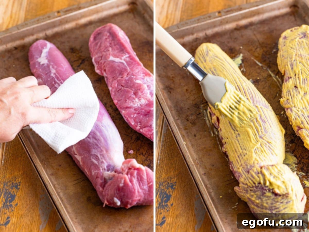 Pork tenderloins being dried with paper towels and a pastry brush brushing the sauce over it.