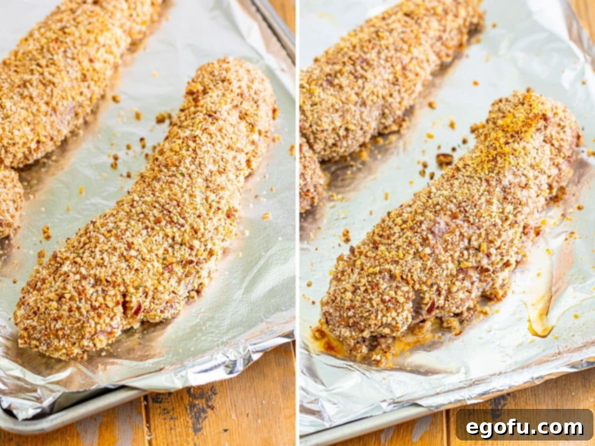 Aluminum foil lined sheet pan with a crusted pork tenderloin before and after its baked.
