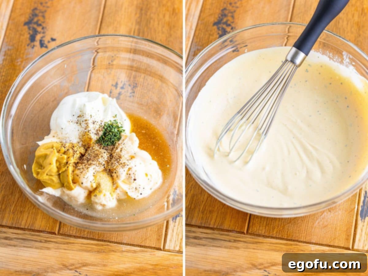A sauce mixture being whisked in a bowl.