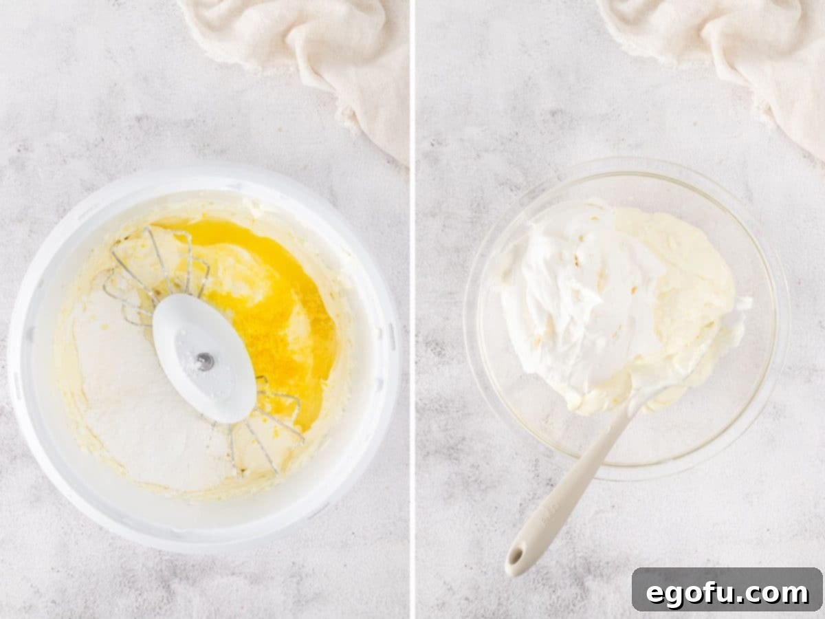 Cream cheese, lemon juice, lemon zest, and powdered sugar being blended, followed by Cool Whip being folded into the mixture.