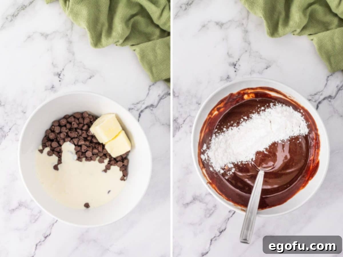Chocolate chips, butter, and heavy cream in a bowl and then powdered sugar being added to the mixture.