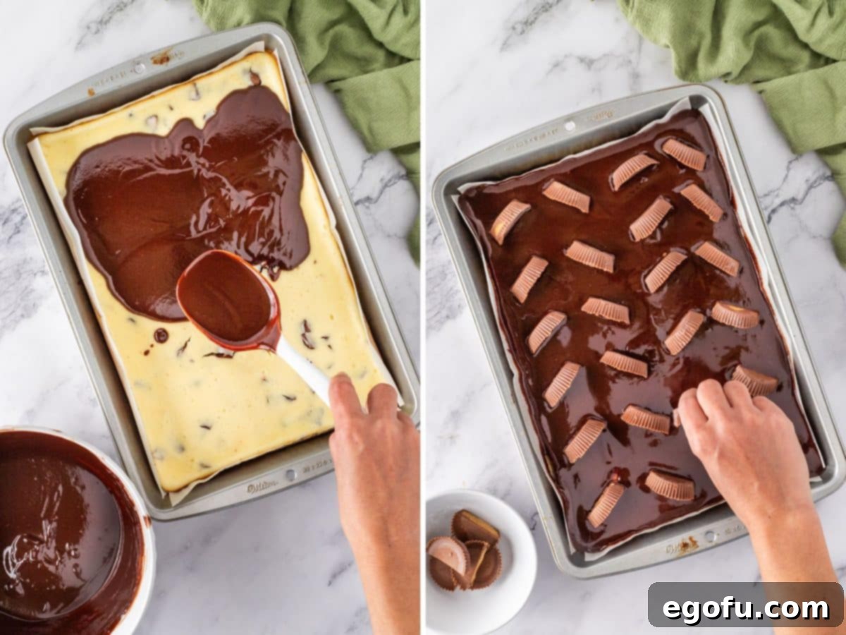 Chocolate ganache being spread over cheesecake and then Reese's being placed in the ganache layer.