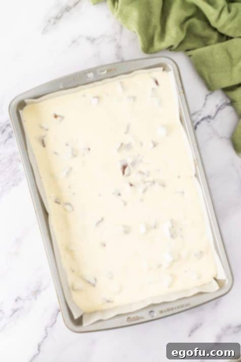 Baked cheesecake layer with graham cracker crumb crust in a baking dish.