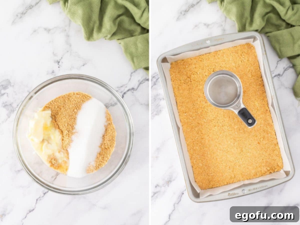 A bowl of graham cracker crumbs, sugar, and butter and the mixture being pressed in a baking dish.