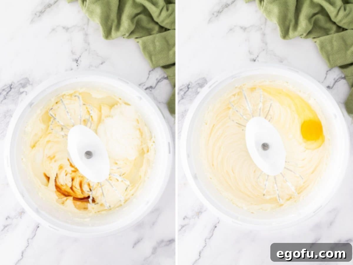 Cream cheese, vanilla, and plain Greek yogurt in a bowl and eggs being added to the mixture.