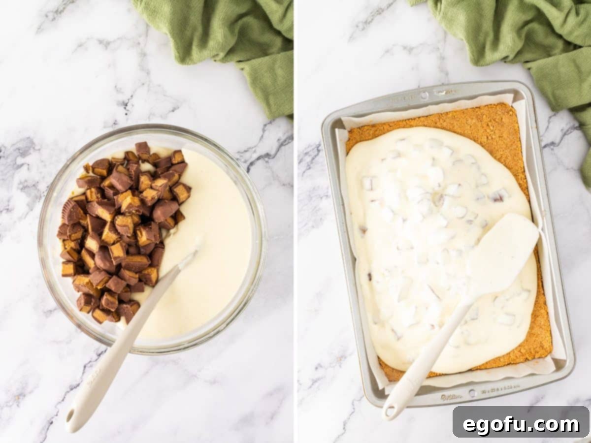 Reese's cups being folded into the cream cheese mixture and the mixture being spread over the crust.