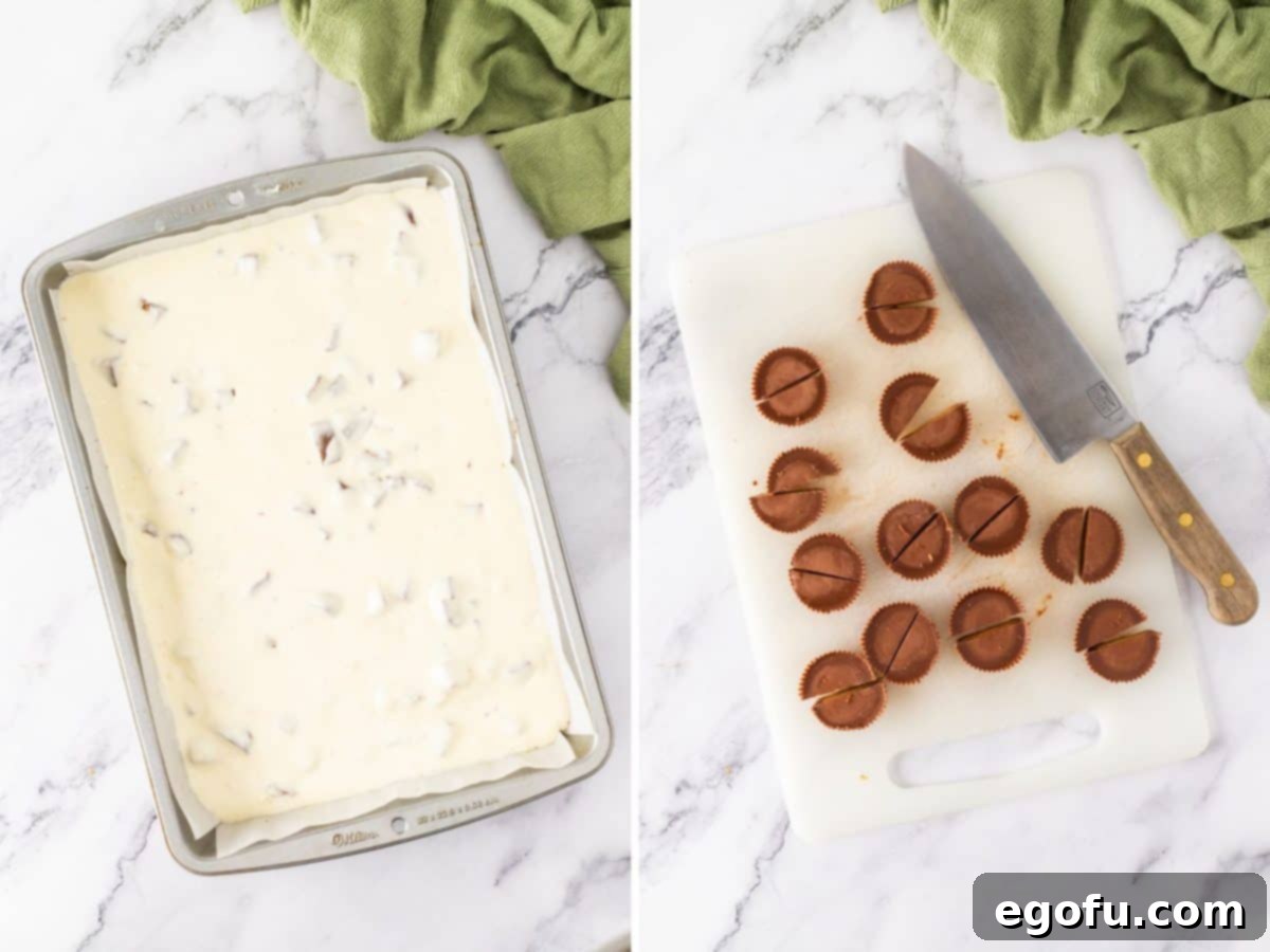 Baked cheesecake with Reese's cups being chopped on a board.