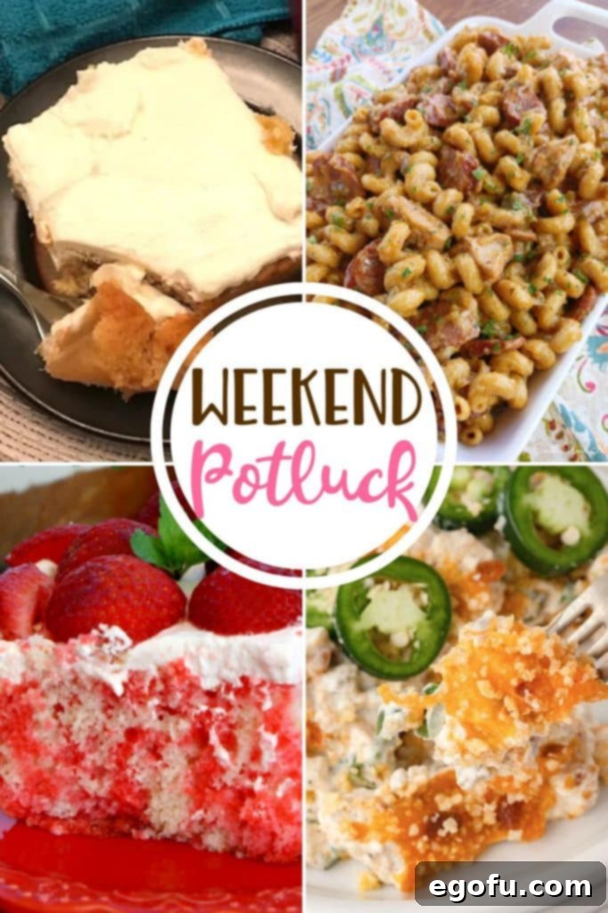 A vibrant collage of featured potluck recipes: a golden 2-Ingredient Apple Cake, a colorful Strawberry Jello Poke Cake, a cheesy Jalapeño Popper Chicken Casserole, and a hearty Cajun Pastalaya, promising a feast of home-style comfort food.