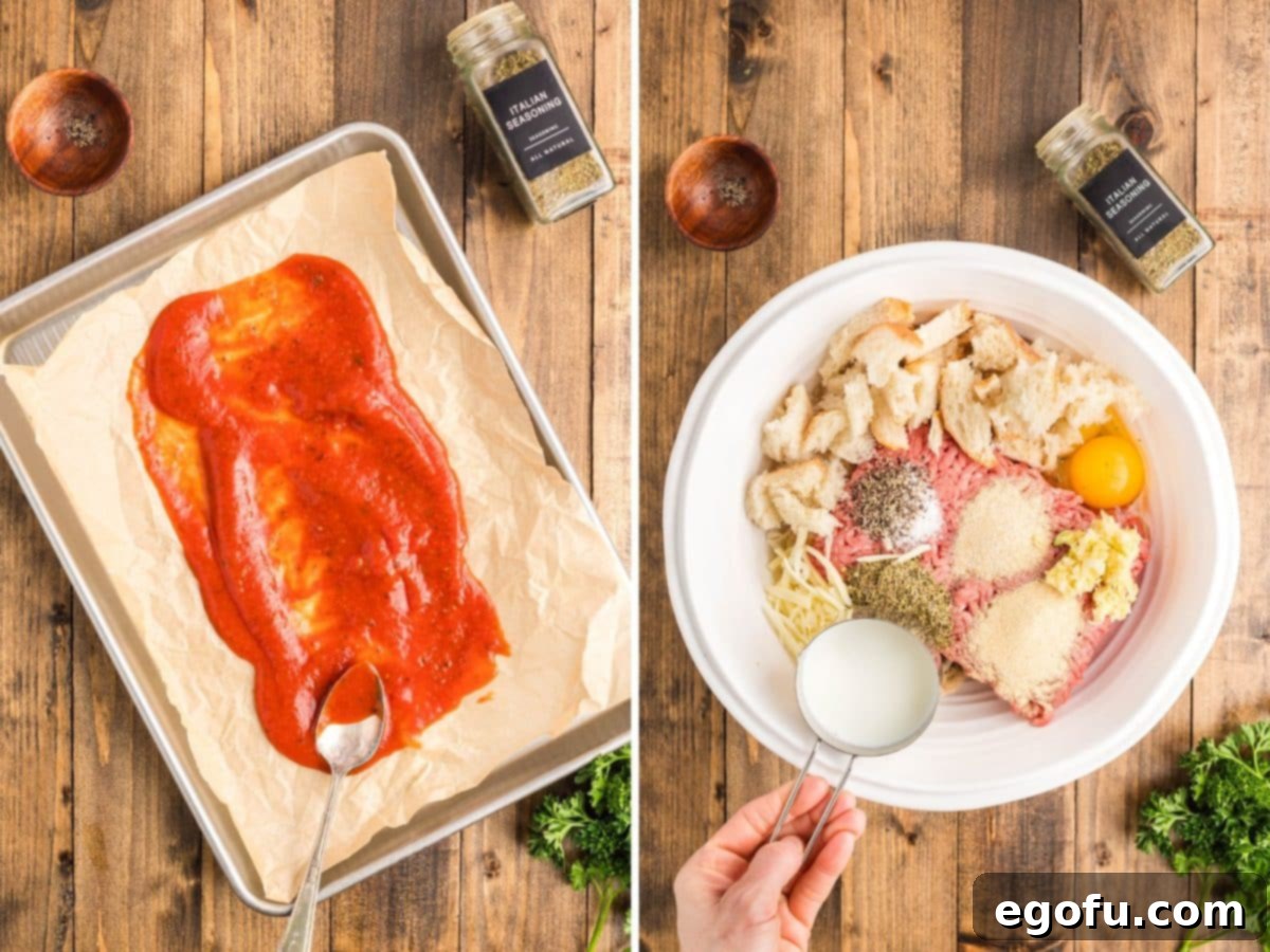 Grandma's Secret Italian Meatloaf 5 A baking pan with marinara sauce and a bowl of mixed meatloaf ingredients.