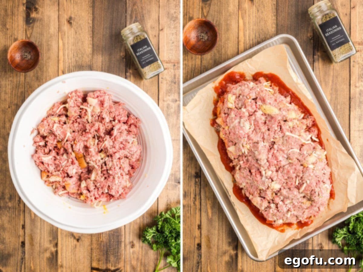 Grandma's Secret Italian Meatloaf 6 A meatloaf mixture being shaped into a loaf on a baking sheet.