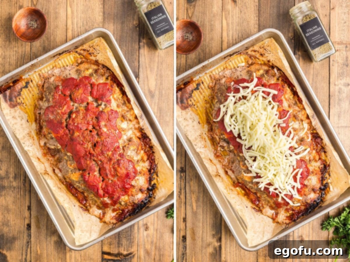 Grandma's Secret Italian Meatloaf 8 Baked meatloaf with melted mozzarella cheese on top.