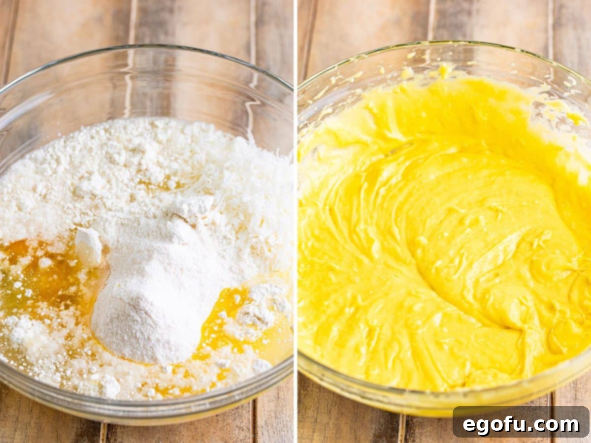 Tropical Coconut Bake 5 Coconut cake batter in a bowl.