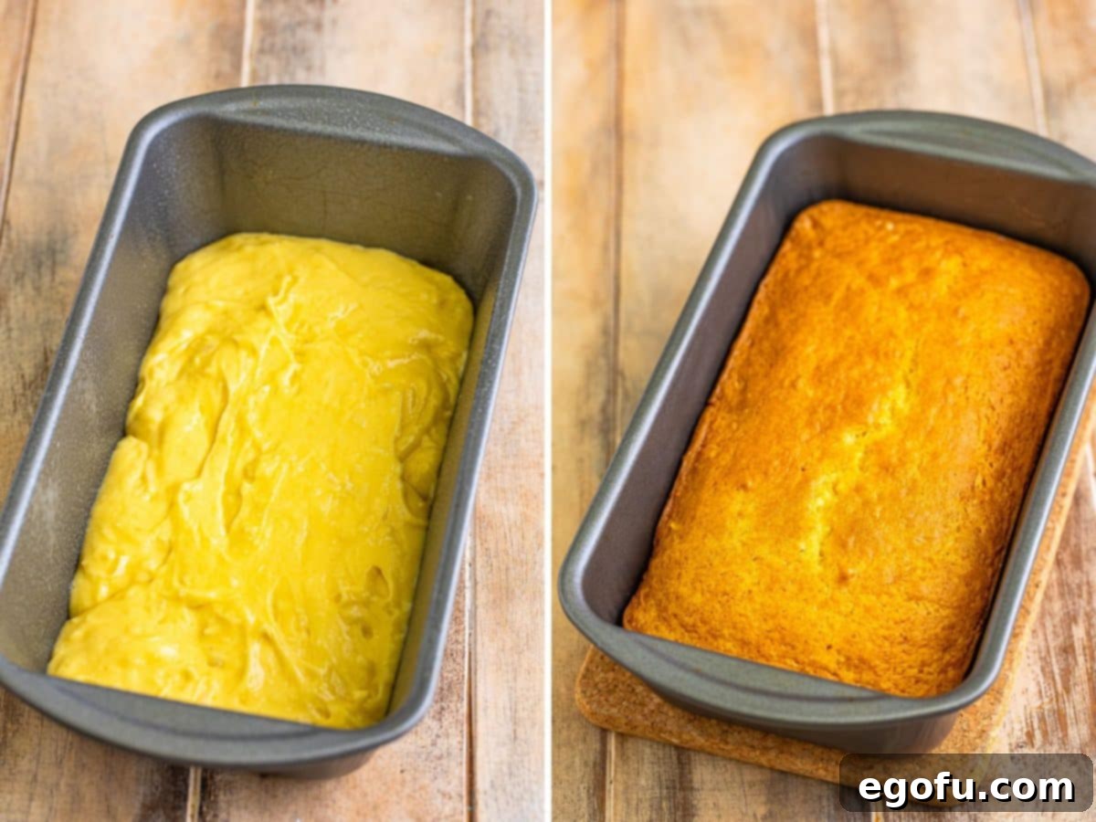 Tropical Coconut Bake 6 Cake batter in a pan and a freshly baked Coconut Bread in a pan.