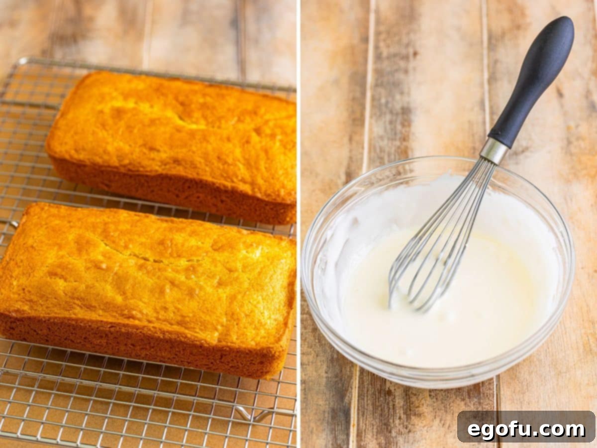 Tropical Coconut Bake 7 Two cake loaves on a wire rack and a bowl of glaze being whisked.