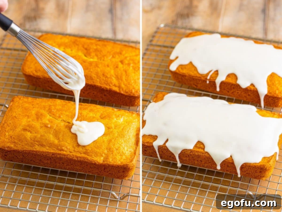Tropical Coconut Bake 8 A whisk dripping glaze over top the loaves and two glazed Coconut Bread loaves.