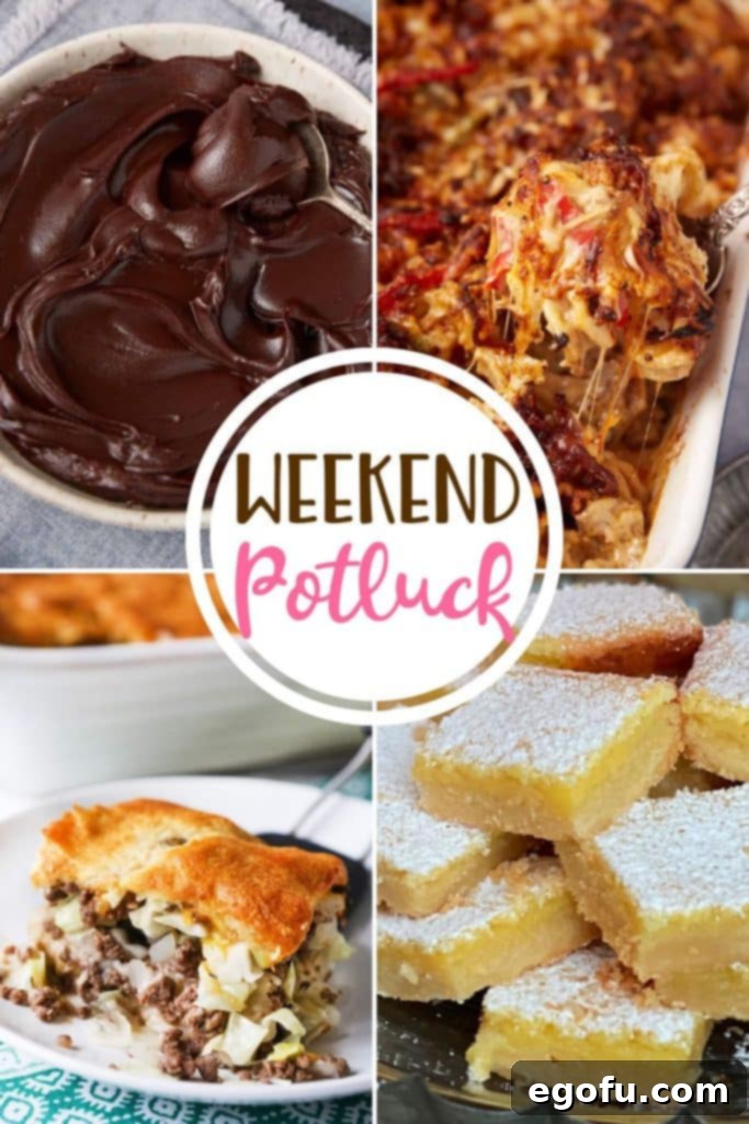 Close-up of decadent Chocolate Fudge Frosting (No Powdered Sugar) on a cake, alongside images of hearty Runza Casserole, savory Sausage Mac and Cheese with Peppers and Onions, and refreshing Deluxe Lemon Bars. These are the top featured recipes from the Weekend Potluck event.